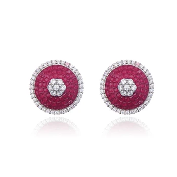 Wholesale Women Platinum Plated Round Disc Shape Mini Round Light Red Glass Stone Stud Earrings