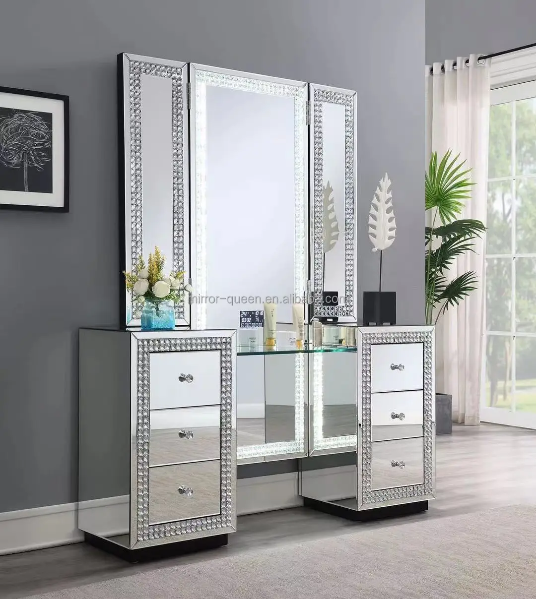 Modern Mirrored Glass Lighted Trifold Led Mirror Makeup Vanity Crushed