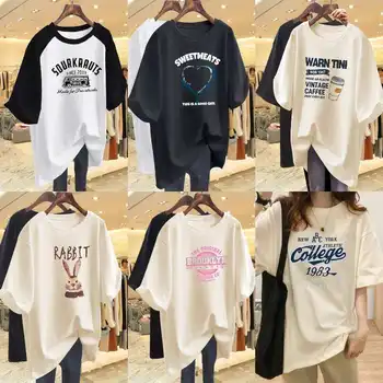 O-neck Womens T-shirt 2024factory Wholesale New 100% Cotton Into Various Colors Ladies Woven Short Digital Print Crew Neck