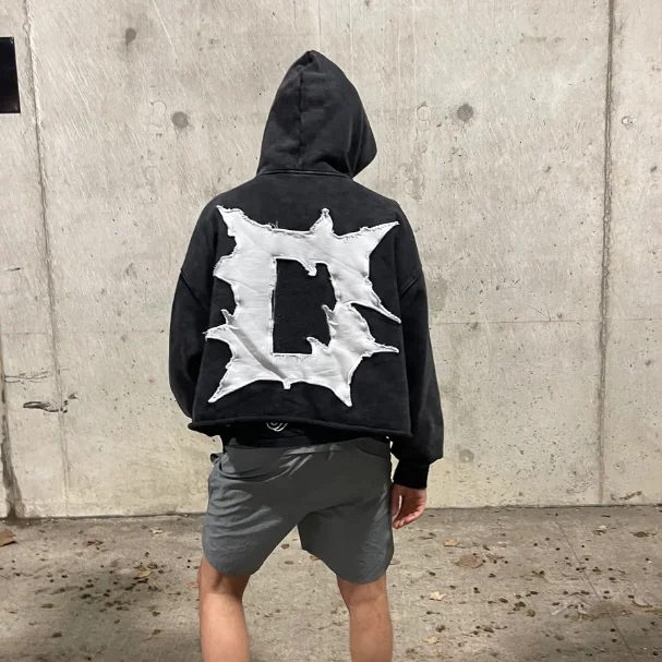 No Pocket Sun Faded Cut Edge Custom 500 Gsm Acid Wash Cropped Hoodies Men Raw Hem Applique Distressed Patch Embroidery Hoodies details