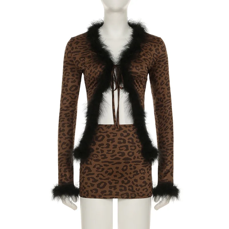 Leopard Fashion Furry Patchwork Cheetah Print Cardigan Long Sleeve Crop Top Mini Skirt
