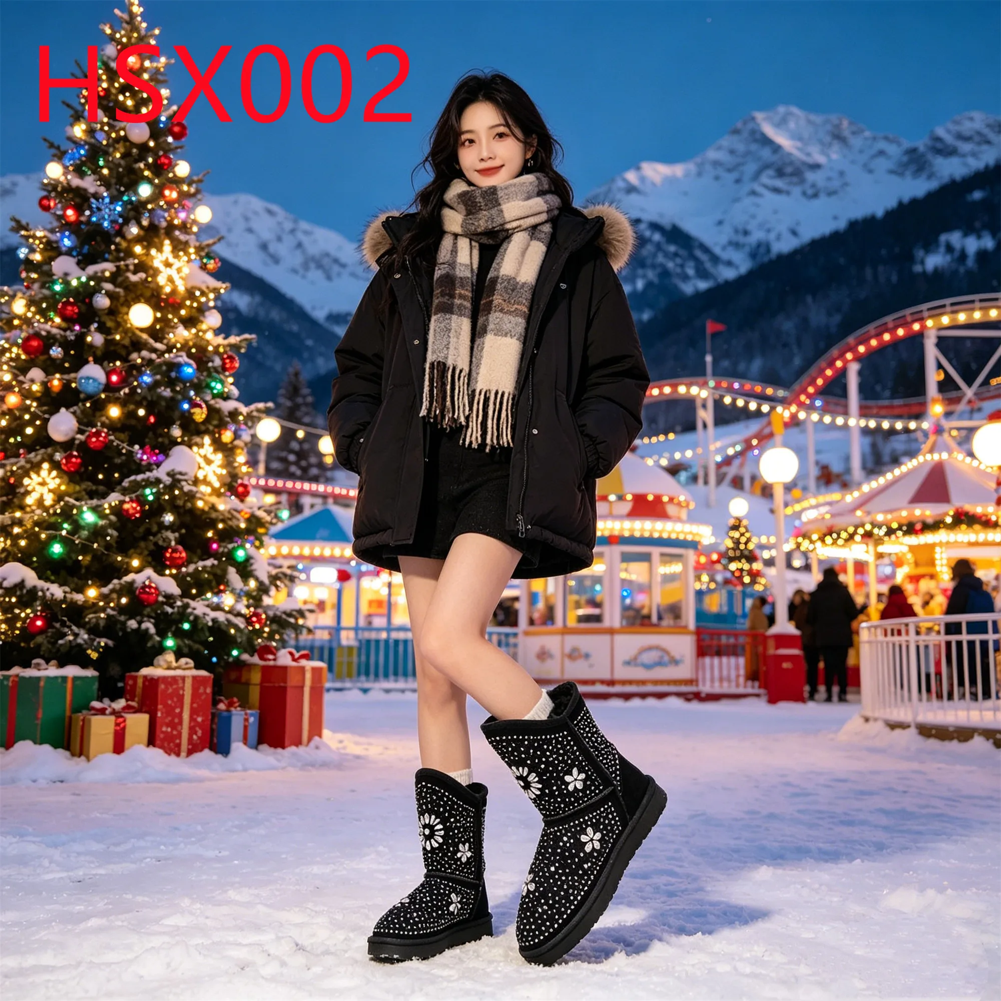 HY,Ice and Snow Festival Diamond Ornament Design Fashion Snow Boots Anti-cold Keep Warm Wool Lining Lady Winter Boots HSX002