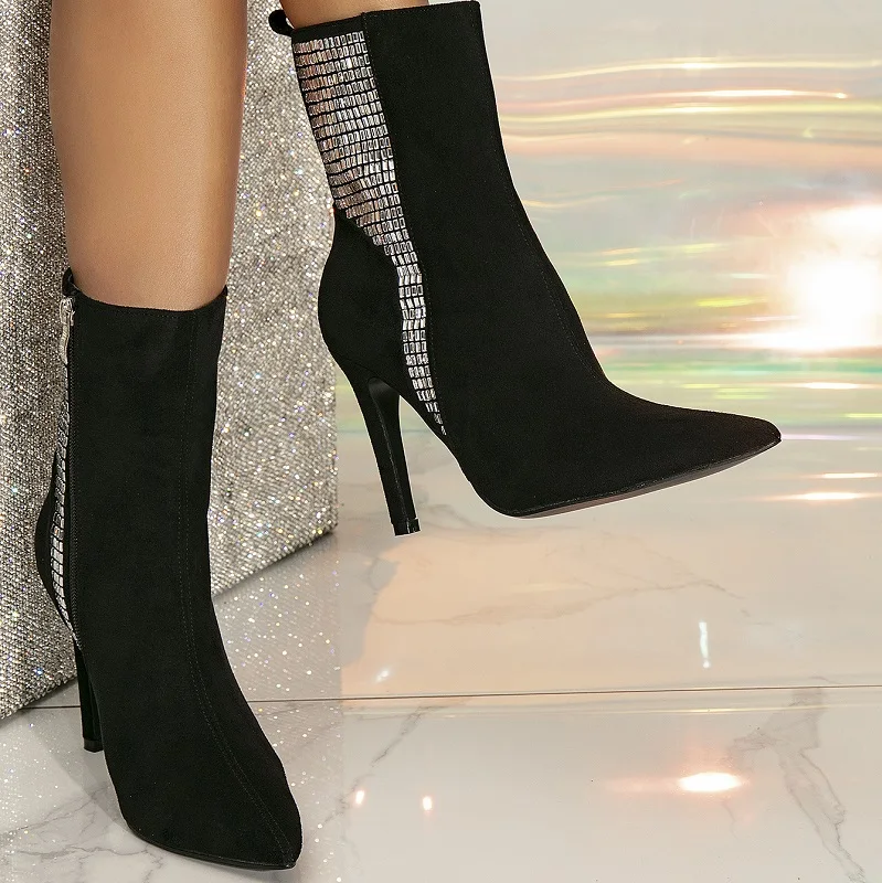 Sliver Crystal Bling Thin Heel Shoes Black Suede Booties