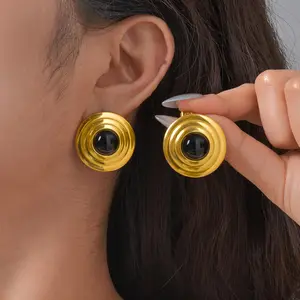 New Popular Stainless Steel Black Agate Stone Chunky Earrings Women's Retro Round Stud Earrings