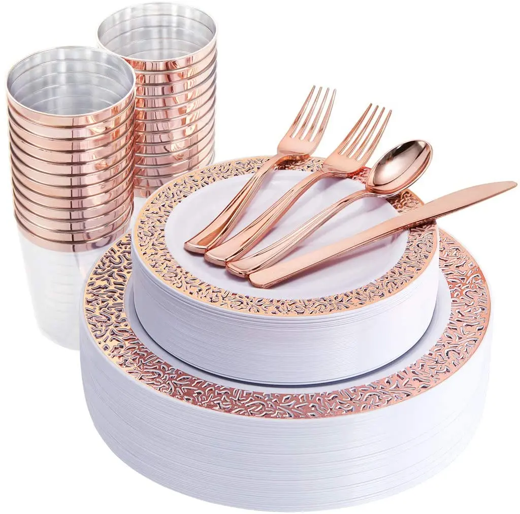 Laced Design Includes 25 Dinner Plates 10.25 25 Spoons IOOOOO 150 Pcs Rose Gold Plastic Plates & Silverware & Disposable Cups 25 Knives 25 Forks 25 Tumblers 25 Dessert Plates 7.5 