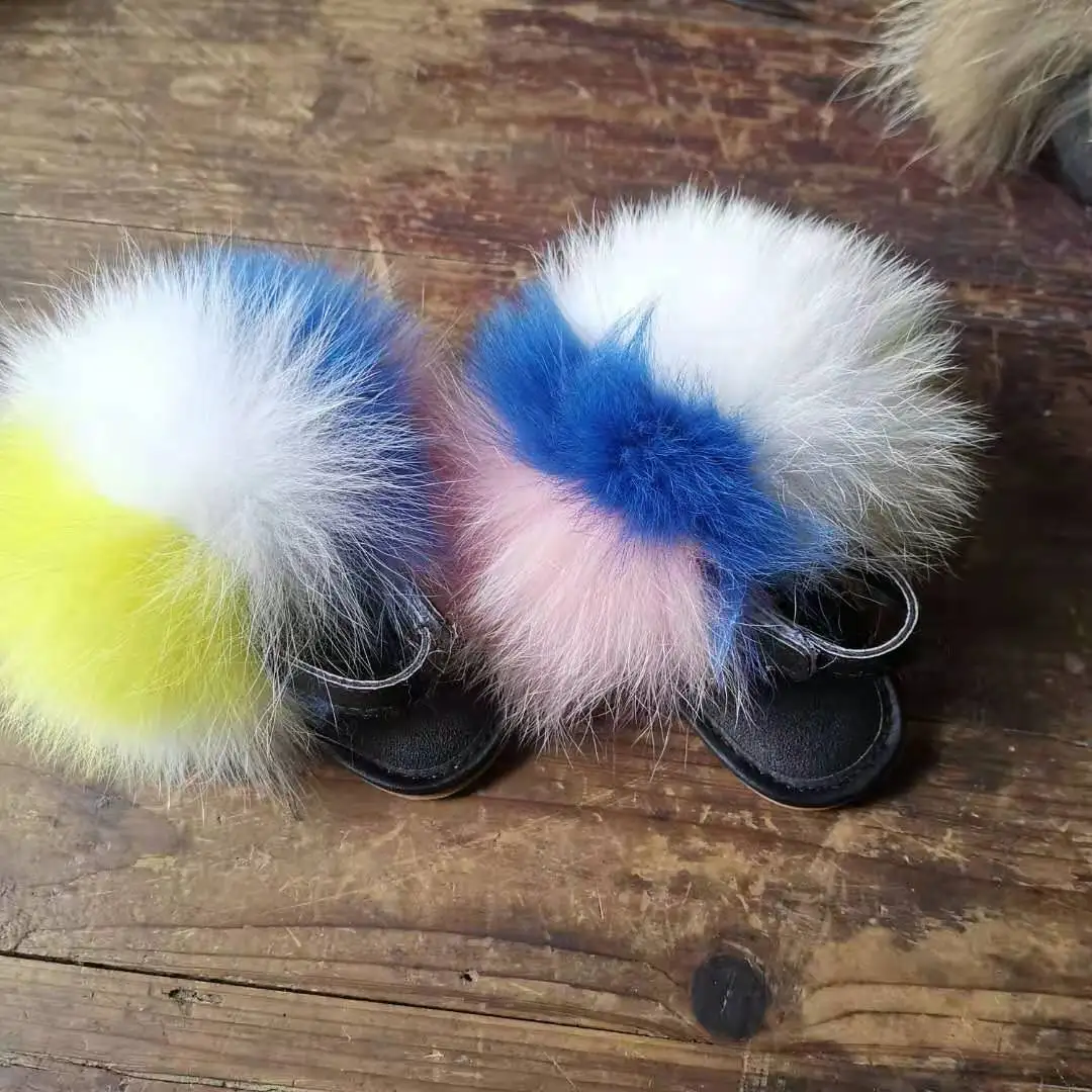 Лидер продаж 2021, оптовая продажа с завода, пушистые детские тапочки из лисьего меха для девочек