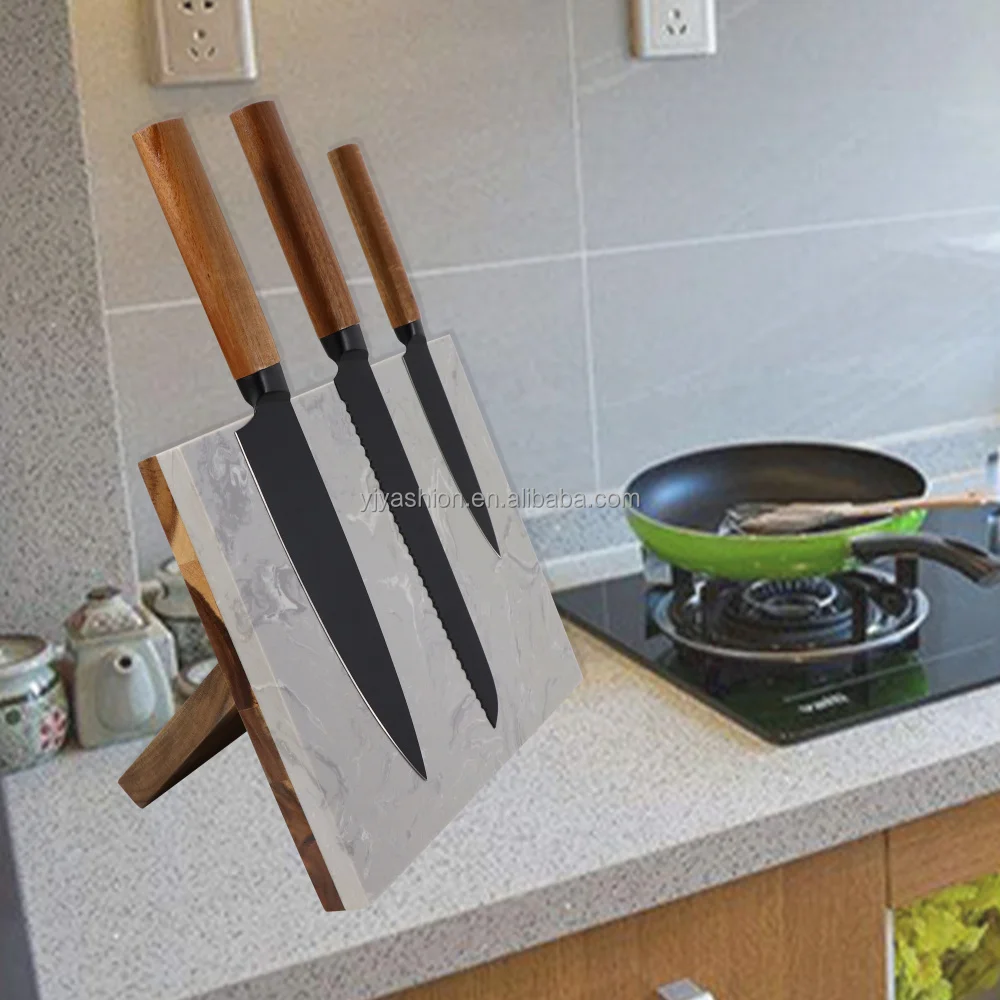 Luxury Gray Marble And Acacia Wood Knife Stand Kitchen Supplies