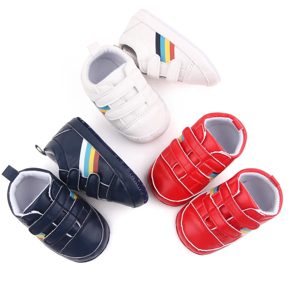 Spring and Autumn PU Leather Striped Double Line with Soft Soled Baby Indoor Walking Shoes