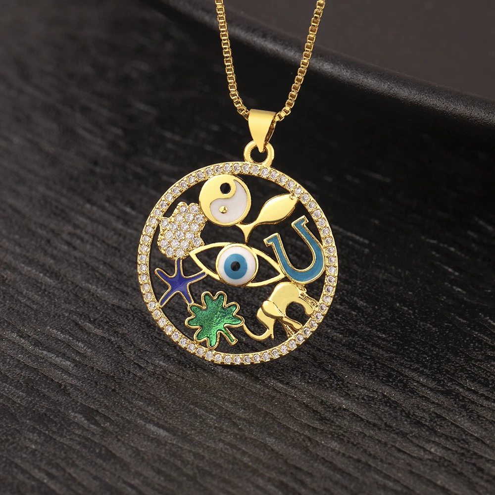 QIKU Creative Graffiti Design Tai Chi/ Eye/Elephant Pattern Copper Zircon  Pendant Necklace Women Jewelry Accessories Gift