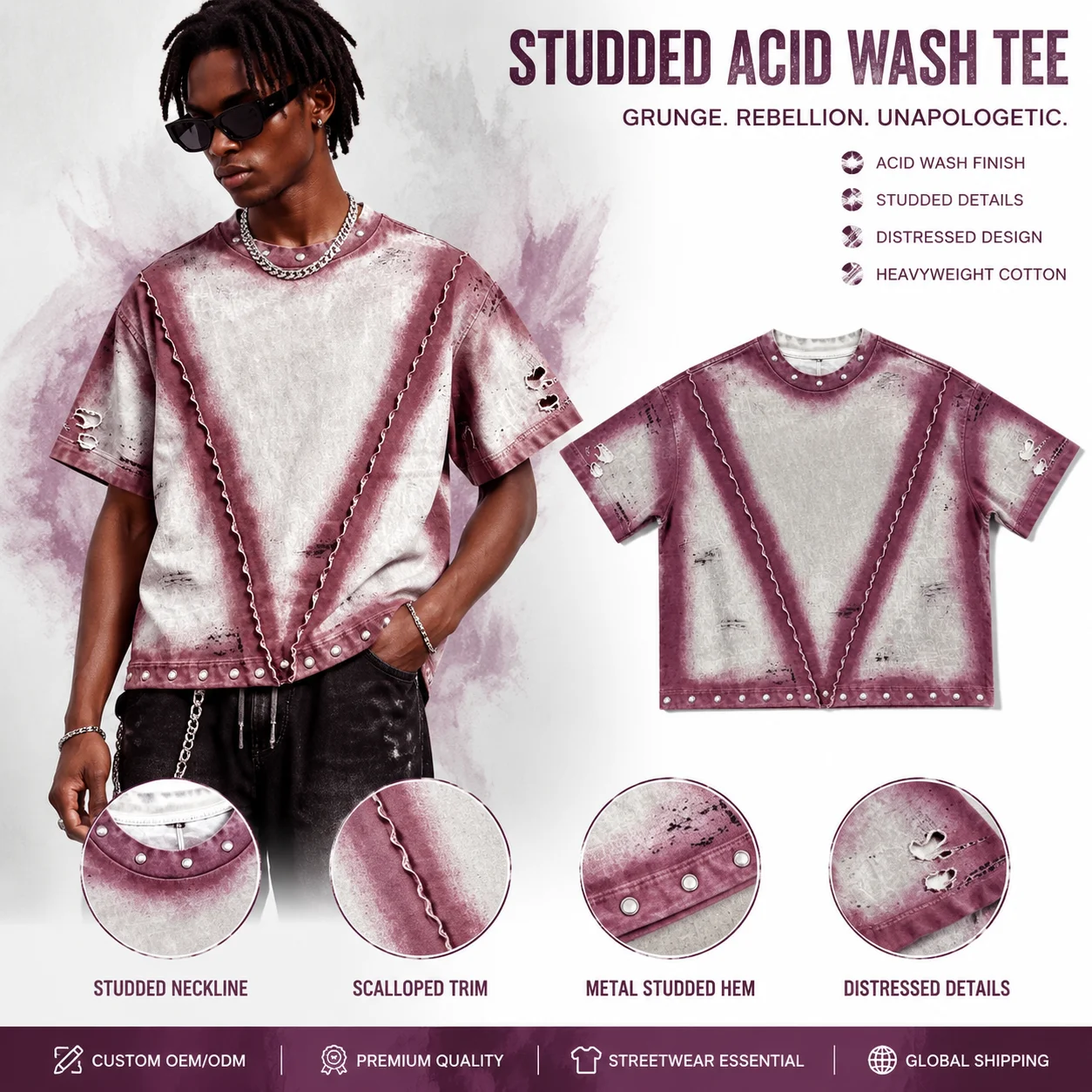Vintage Retro Oversized Distressed Ripped Patchwork Studded Cotton Casual Acid Wash Tee Streetwear Acid Wash T-shirt