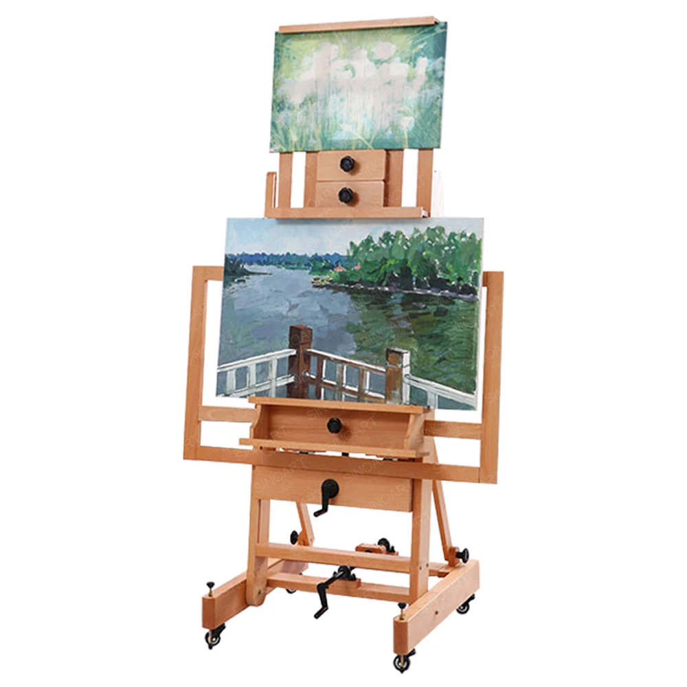 SINOART Artist Extra- Large Multi-Function Studio Easel Deluxe Heavy Duty Artist Studio Wood Easel With Casters Rocker