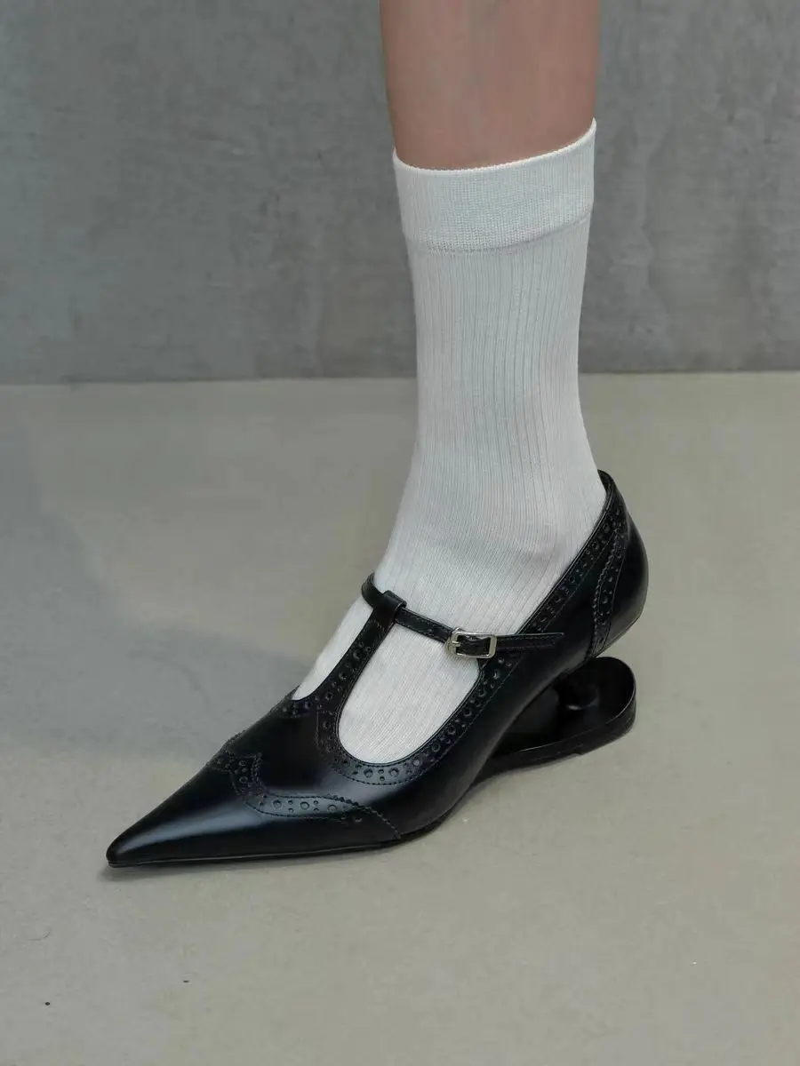 Fashion Pointed Toe T-shaped Carving Mary Jean Wedge Heel Lady Pu Leather Women High Heels Pumps - Image 3