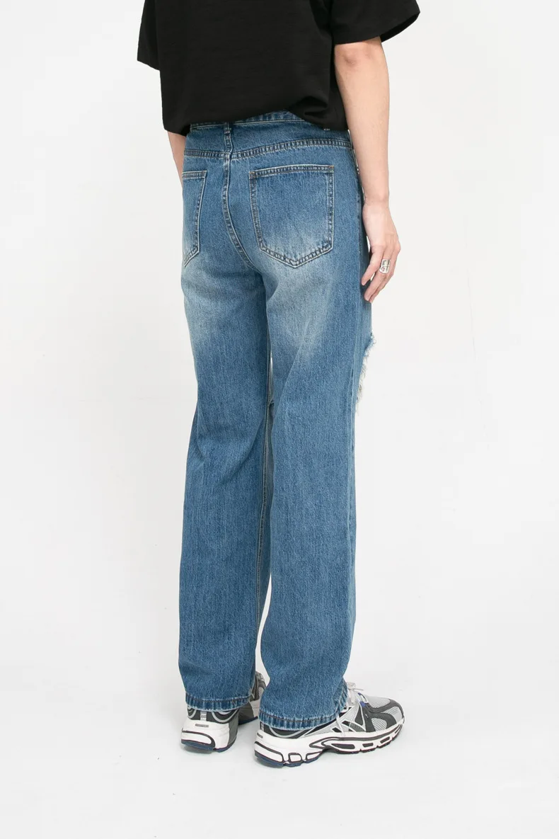 2024 Pantaloni rupți cu găuri la genunchi, design personalizat pentru bărbați, blugi distress de calitate albaștri_voghion.com
