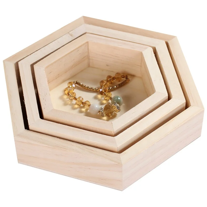 Wood Jewelry Storage Boxes Bracelet Necklace Display Tray Plate Hexagon