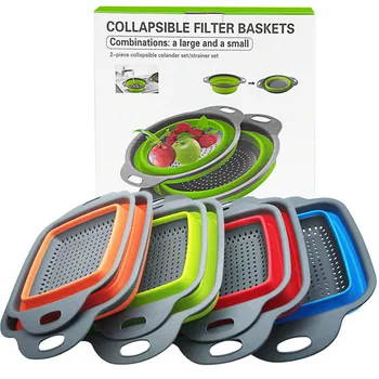 Kitchen Accessories Multifunctional Vegetable Fruit Foldable Basket Strainer Silicone Plastic Collapsible Colander Set