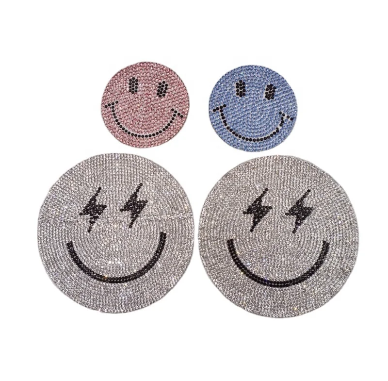 Free sample factory wholesale iron on smiley face crystal products tshirt appliques