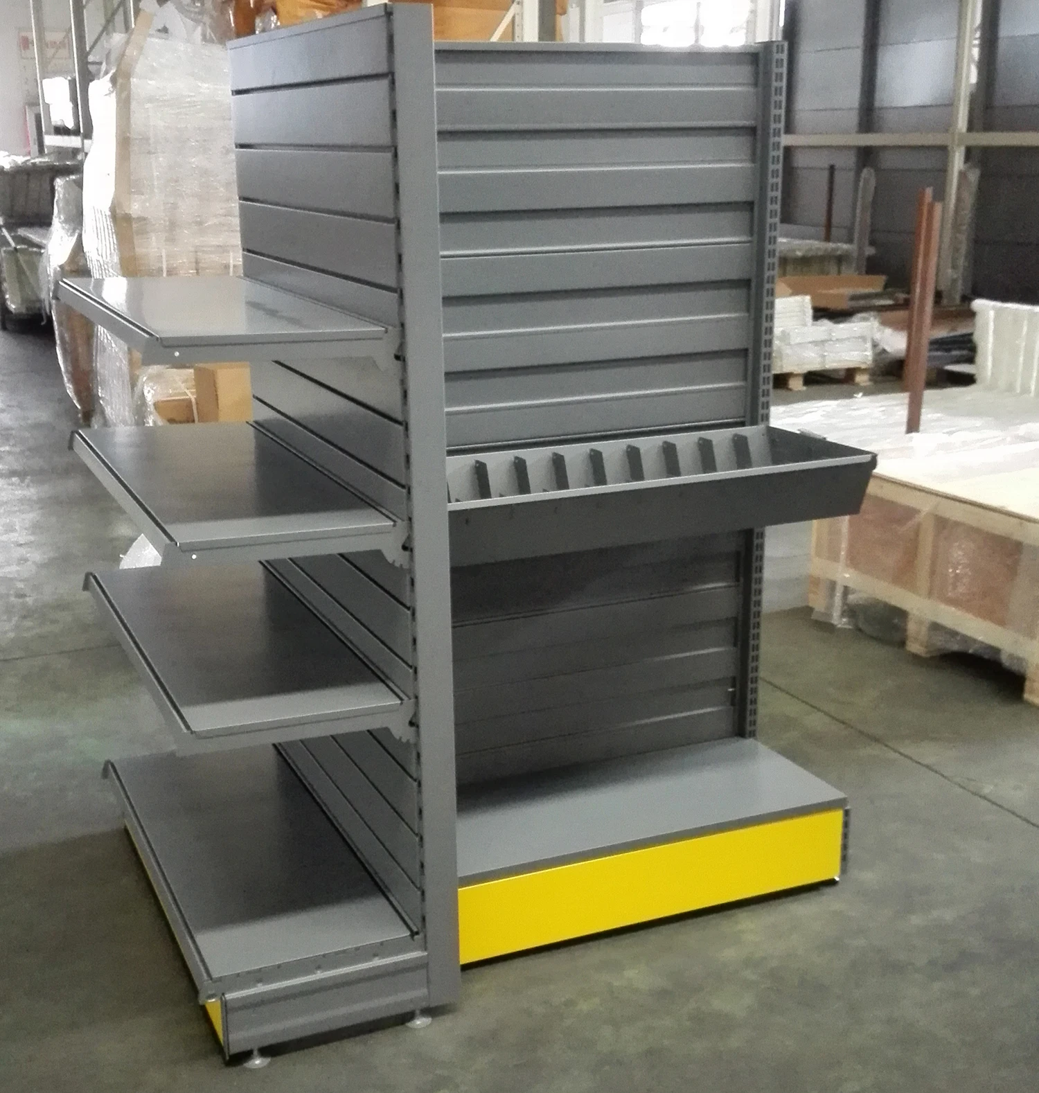 Gondola Shelving with Hump Infill Back and Bin Box for Shops