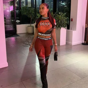 JY  Fashion Summer Women's Two Pieces Set Mesh See Through Letter Print Short Sleeve Crop Top Bodycon Pants Women