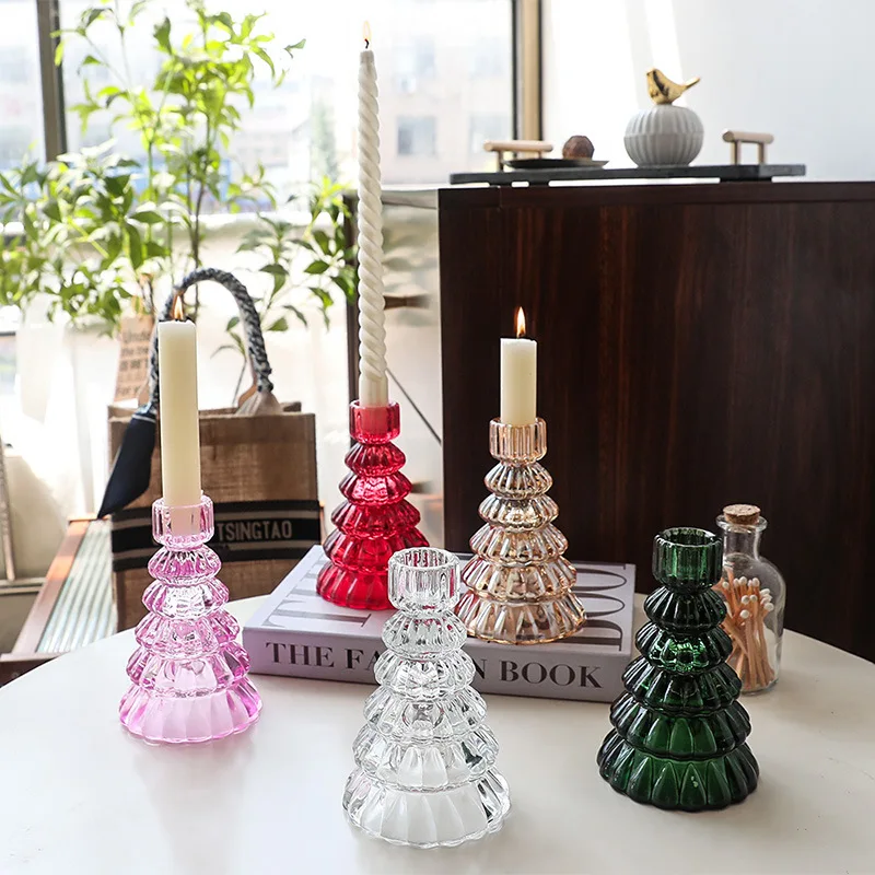 Shining 3D Engraving Crystal Colorful Christmas Tree Shaped Glass Candle Holders for Home Decor Romantic Ambience