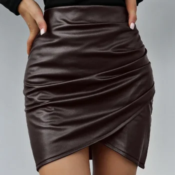 2022 High Waist Pu Leather Women's Elegant Mini Skirt Bodycon A-Line Black Sexy Female Short Office Wear Sexy Skirt