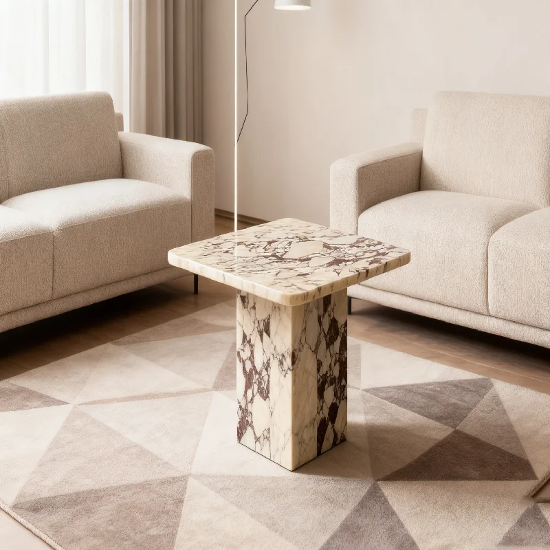 PAIA tosh kofe stoli. Past poydevorli turar joy uchun ajoyib tabiiy moslashtirilgan Calacatta Viola marmar kofe yon stoli