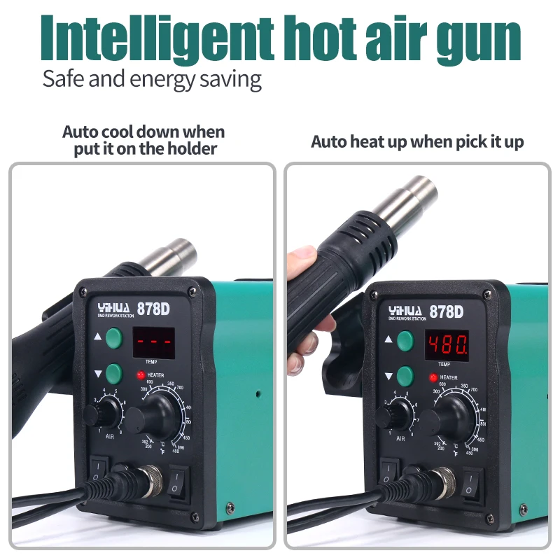 YIHUA 878D  2 in 1 Digital Display SMD Bga Hot Air Soldering Rework Station With Hot Air Gun Soldering Iron