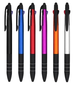Hot Selling 3 Ring 3 Ink in 1 Pen Black Blue Red Multi Color Ballpoint Pen with Stylus for Gift Custom logo Pen