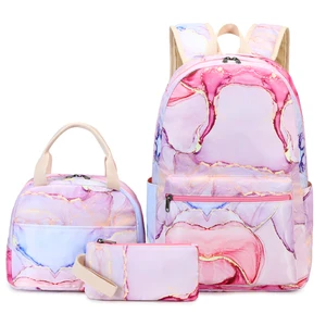 Wholesale 3 in 1 School Bag Set with Lunch Bag Pink Marble Gilt Kids Child Girl Bookbag School Backpack Set