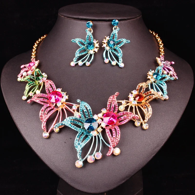 SALE Unique Floral Multicolor Crystal Necklace Earrings Set 