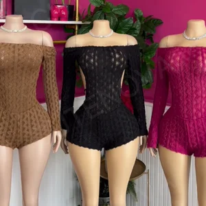 Viviblook Z1029RP01 New Women Fashion Sexy Off Shoulder Long Sleeve High Waist Slimming Hip Hugging Jumpsuit One Piece Romper