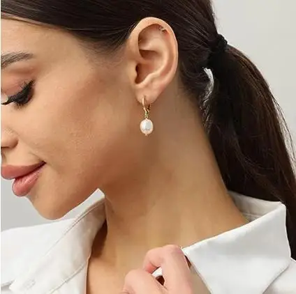 Gold Huggie 14K Gold Plated Hoop Earrings 8-9mm White Natural Baroque Pearl Drop Earrings