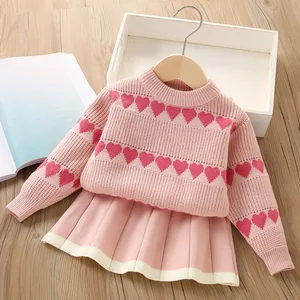 Children Valentine's Day Sweater Set Baby Girl Sweater Top and Knitted Skirt Two Piece Set Clothes for Kids