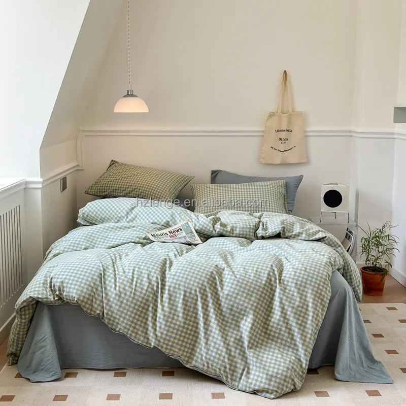 100 Cotton Sheet Set Breathable Yarn Dyed Washed Cotton Gingham