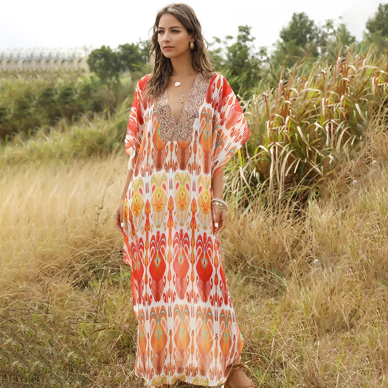 Elegant design v neck plus size bohemian maxi dresses women summer