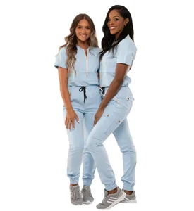 Short Sleeve Zipper Closed Hospital Uniforms Polyester Rayon Spandex Multi Pockets Ladies Scrubs Sets
