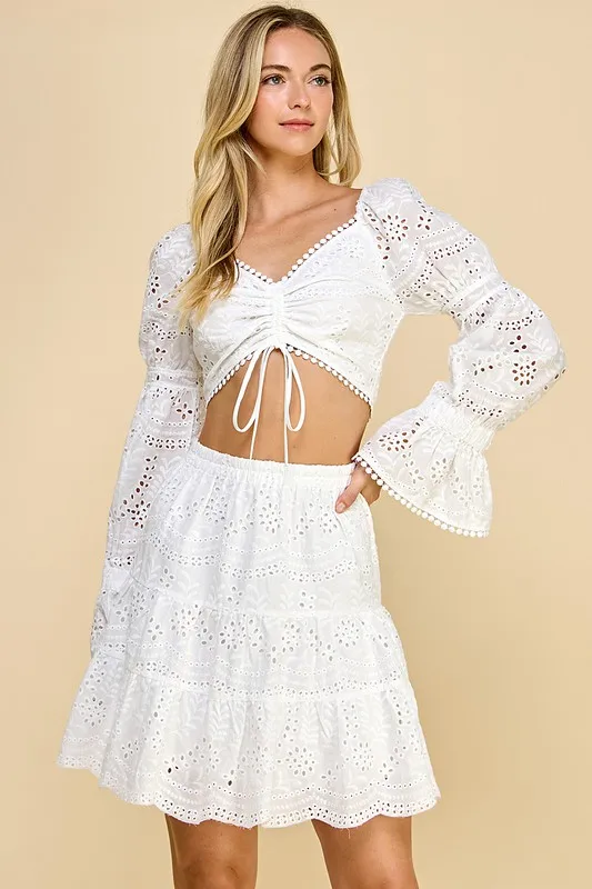 Ladies Cute Sexy Drawstring Lace Solid Embroidered Two-piece Shorts Set Long Sleeve Top For Beach Outings Travel And Vacation - Image 5