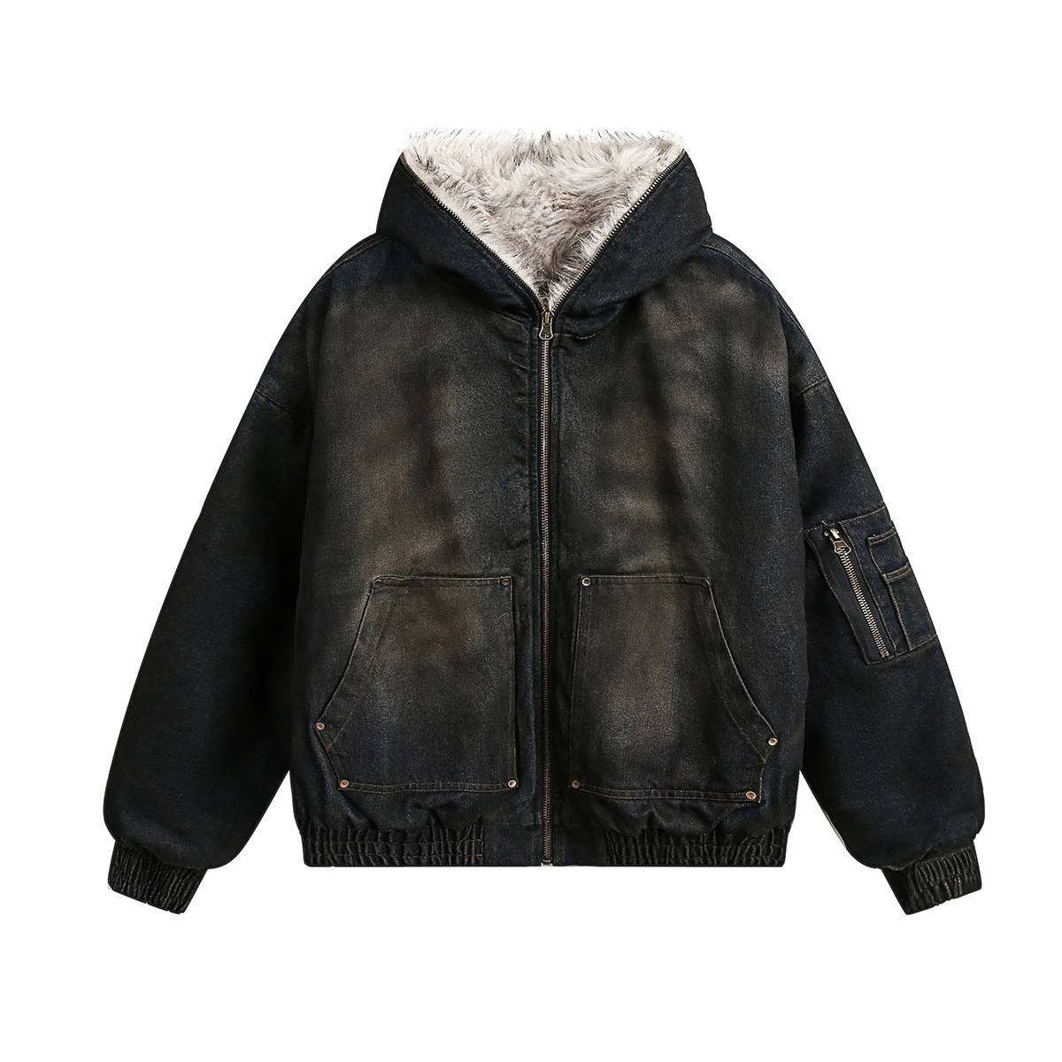 Salati Mens Winter Loose American Trendy Brand Denim Cotton-padded With a Fur Collar and a Hood, Featuring Pocket Decorations gallery 2