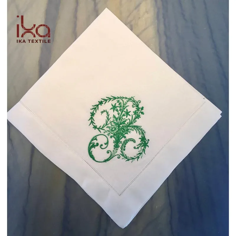 
Dinner Restaurant Hemstitch Handkerchief Cloth Embroider Monogram White Linen Fabric Table Napkin 