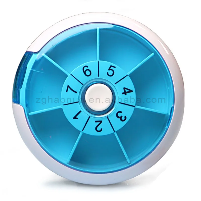 7 Days Rotating Pill Box Pill Storage Box Portable Round Promotional Small Plastic PP Plastic Blue and White Pill Organizer Box