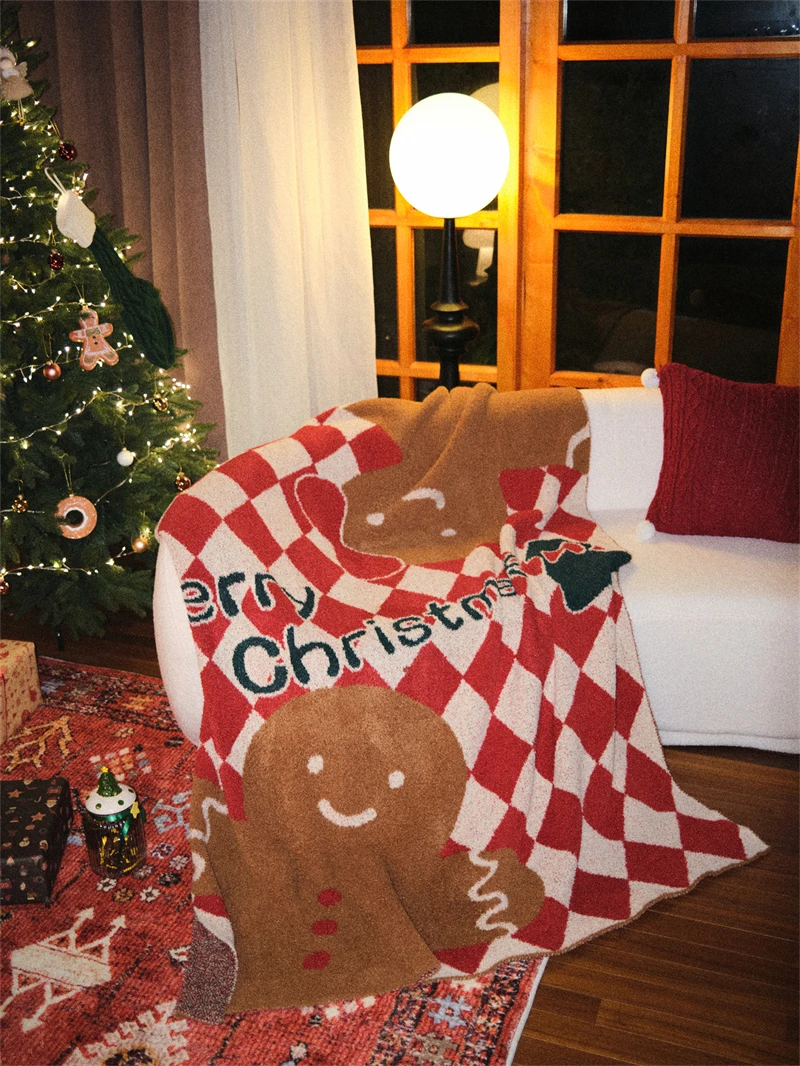 Christmas Gingerbread Man checker  100% microfiber yarn double side super cozy knit blanket factory