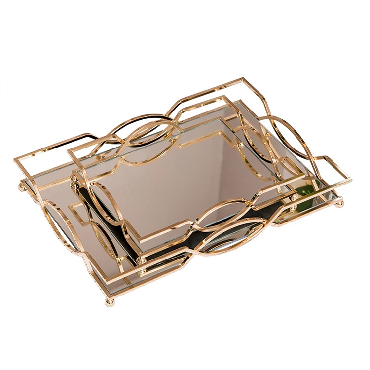 Bedroom Zunbo Decorative Glass Tray with Mirror Gold Chest of Drawers Jewellery Tray Metal Makeup Mirror Tray for Vanity Bathroom 