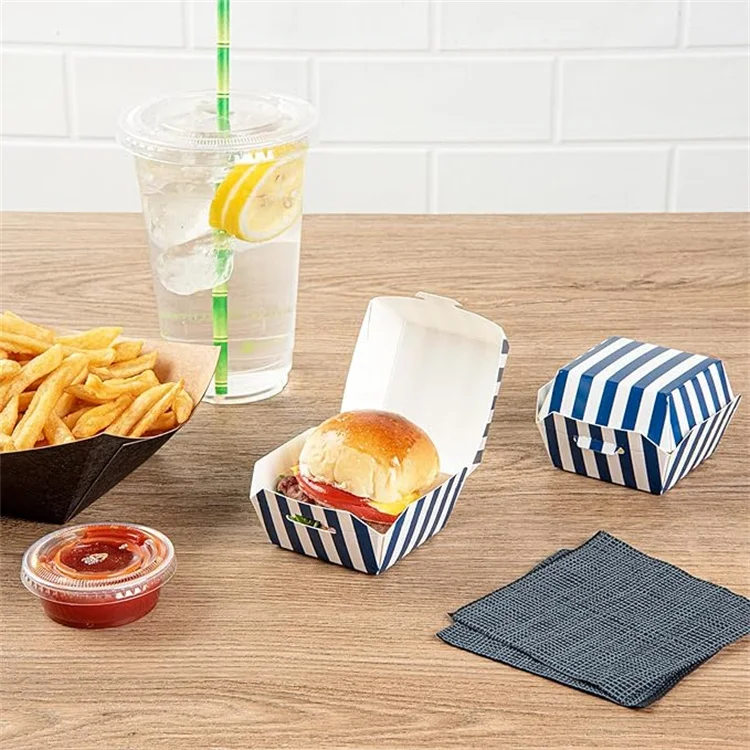 Custom 2.5 X 2.5 X 2 Inch Mini Burger Boxes Hinged Lid Striped Blue and White Paper Take Out Boxes Serve Sliders or Finger Foods