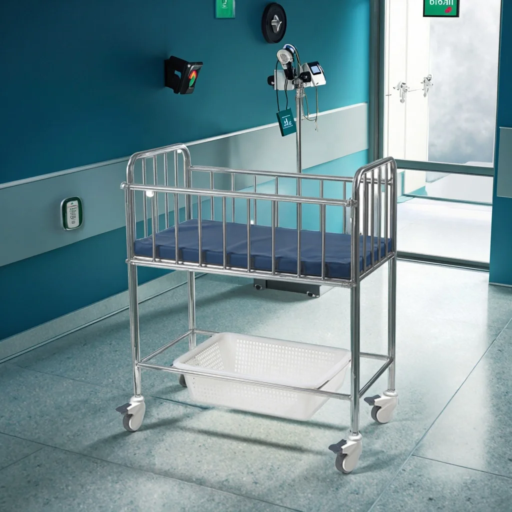 Premium ZHONG BAI SJCE17-A SUS304 Stainless Steel Adjustable Foldable Medical Baby Crib Soft Sponge Padding Durable for School 6