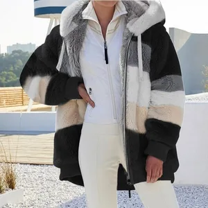 2026 Autumn and Winter Women's Warm Plush Patchwork Zipper Pocket Hooded Loose Jacket