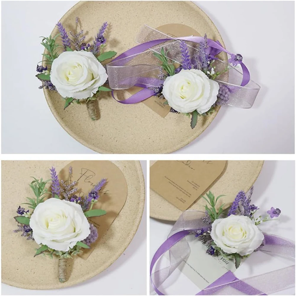 Elegant Lavender Lilac Purple Prom Silk Rose Corsage and Boutonniere Set  Men Brooches Wedding Bridesmaids Wrist Bracelet Flower, image size:1000x1000