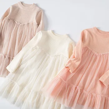 2023 New Spring Baby Girls Dress Solid Long Sleeve Knitted Mesh Dress Toddler Girls Tops