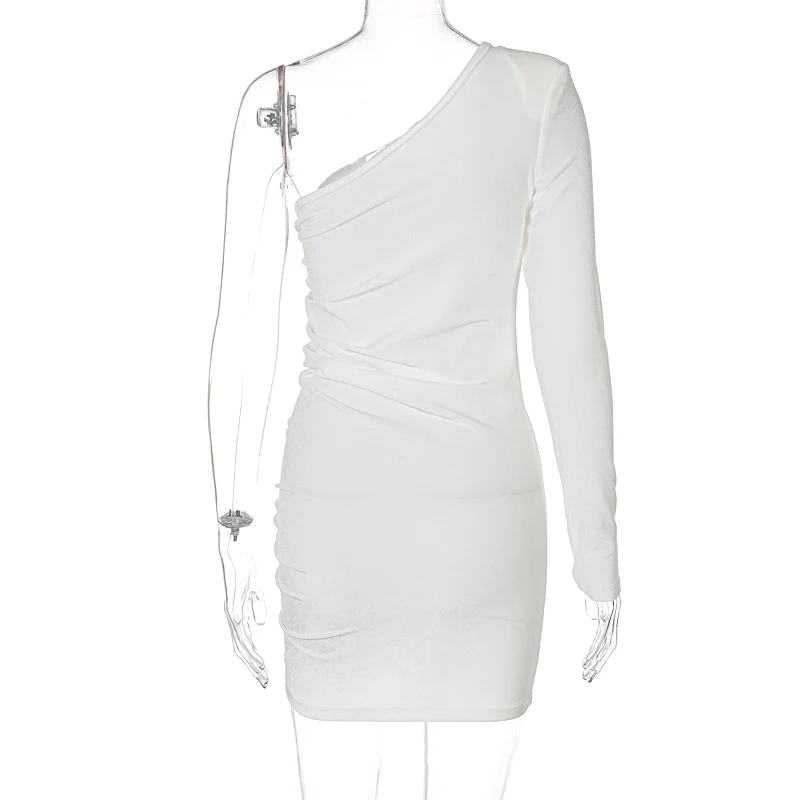Lygens 2023 Winter Autumn Mini Dress Solid Color Single Shoulder Ruched ...