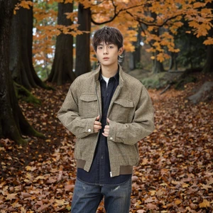 Vintage Maillard Houndstooth Reversible Wool/Polyester for Jacket Men Autumn New Stand Collar Zipper Closure Front Double