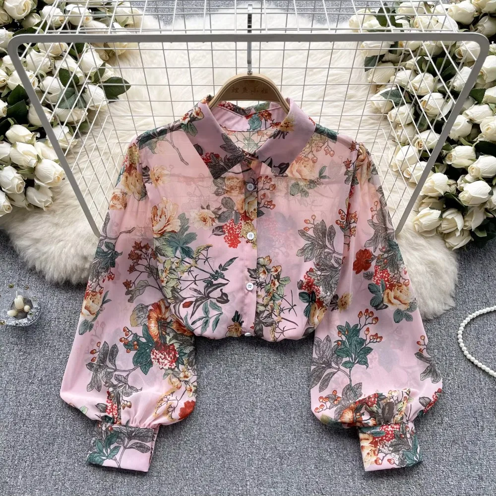 Retro Printing Chiffon Tops Puff Sleeves Thin Single Breasted Loose Blouse  Women French Style Bottoming Blouses