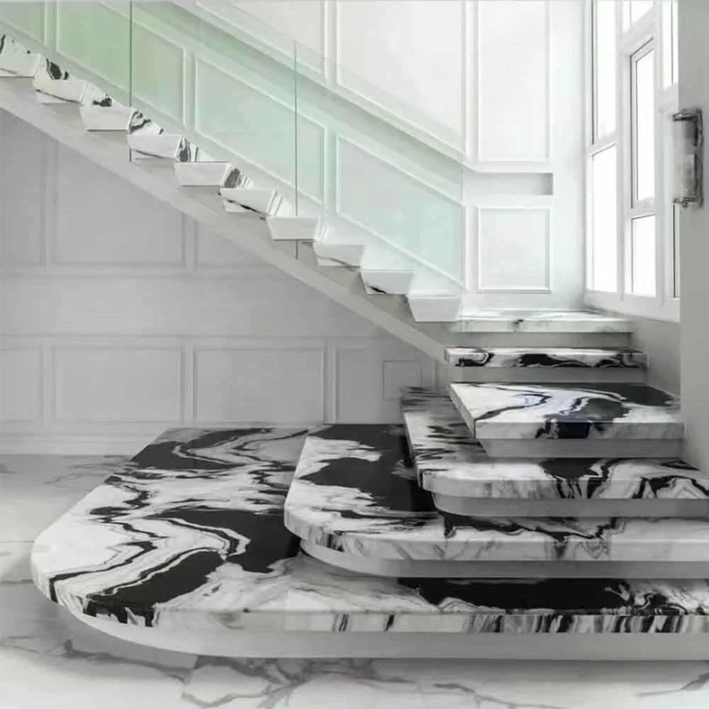 AST OEM/ODM Custom Natural Marble Floating Straight Staircase Modern Indoor Panda White Marble Tiles for Stair Treads Design